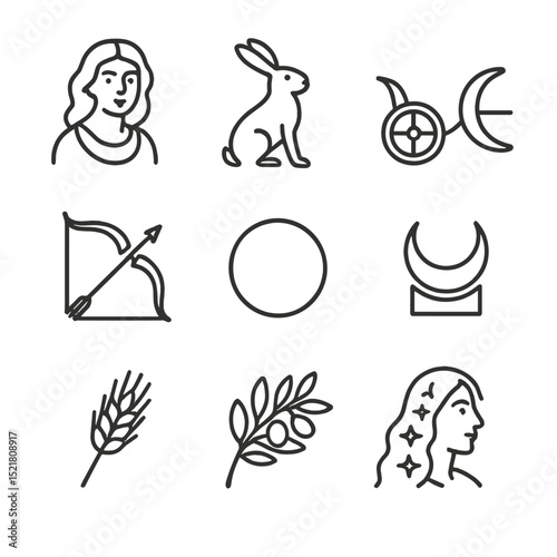 Moon Mythology Icons. Outline icon set of moon mythology symbols: goddess Selene, hare, chariot, silver bow, moon disk, crescent