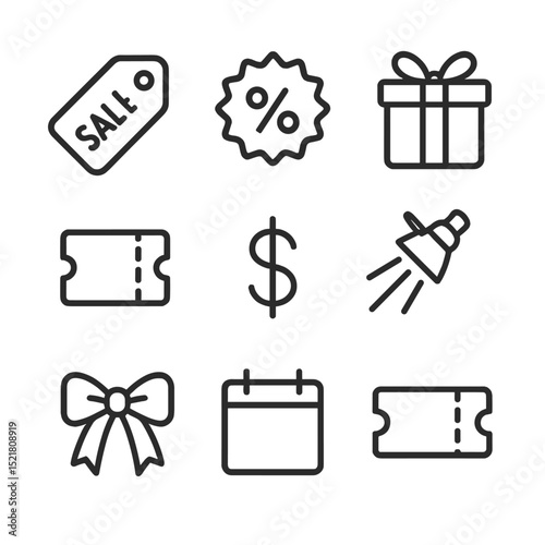 Promotional Icon Set. Outline icon set of promotional headlines: sale tag, discount sticker, gift box, ticket stub, dollar sign,