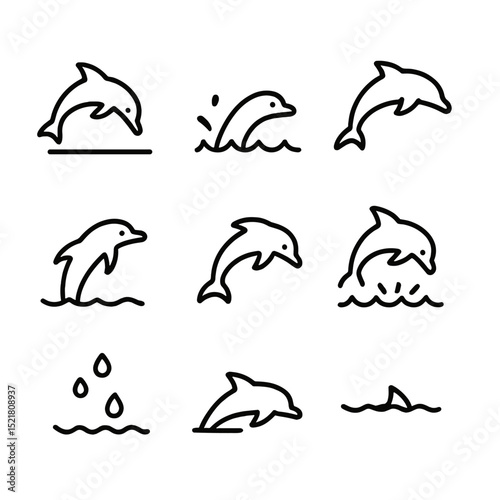 Dolphin Jump Icon Set. Outline icon set of dolphin jump animation frames: dive pose, water entry, ascent curve, surface break, mid