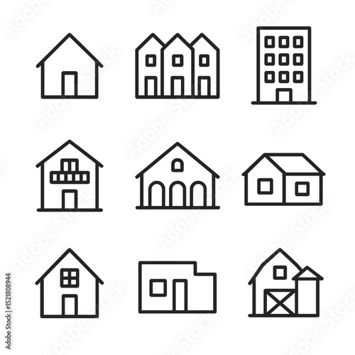 Property Icons Set. Outline icon set of property types: detached house, townhouse, apartment building, condo, villa, bungalow,