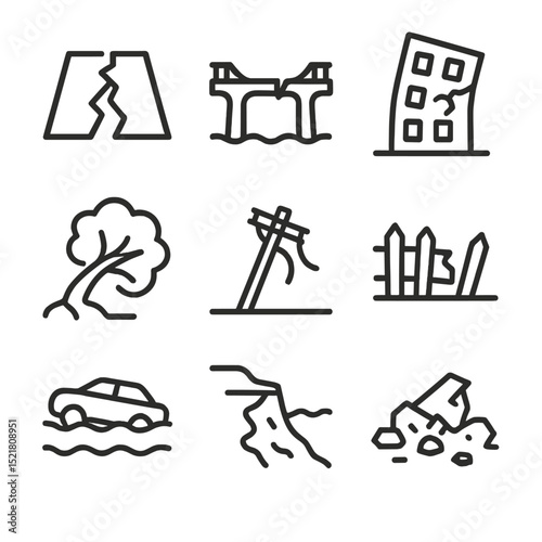 Property Damage Icons. Outline icon set of property and infrastructure damage: cracked road, collapsed bridge, damaged building,