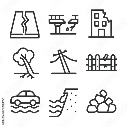Property Damage Icons. Outline icon set of property and infrastructure damage: cracked road, collapsed bridge, damaged building,