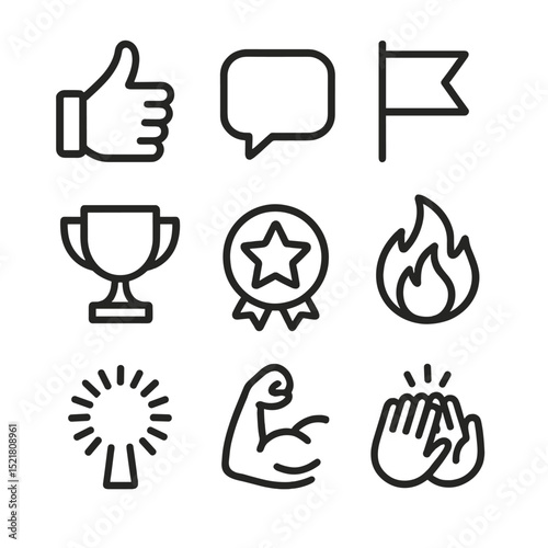 Motivational Workout Icons. Outline icon set of motivational workout cues: thumbs up, quote bubble, goal flag, trophy cup, star