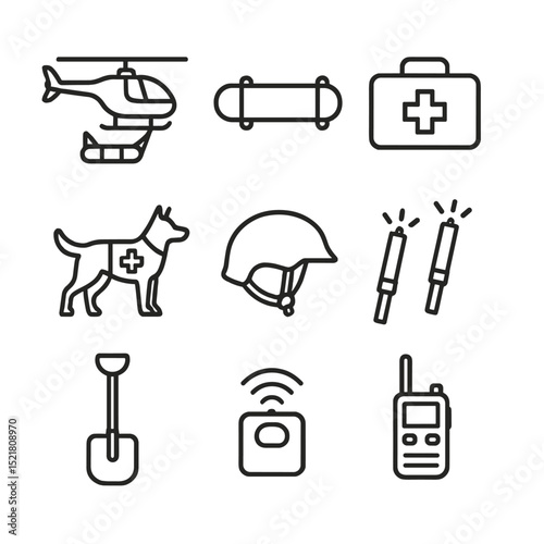 Mountain Rescue Icons. Outline icon set of mountain rescue operations: rescue helicopter, stretcher, first aid kit, radio handset,