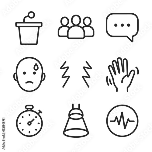 Public Speaking Icons. Outline icon set of public speaking anxiety: podium microphone, audience outline, speech bubble with