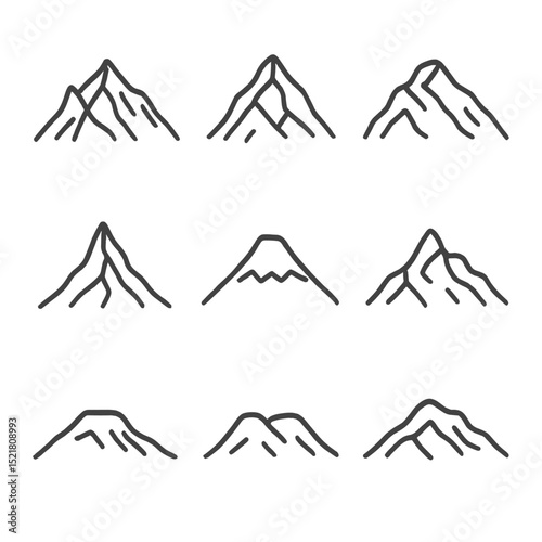 Mountain Icon Set. Outline icon set of mountain peaks: Everest, K2, Annapurna, Matterhorn, Fuji, Denali, Kilimanjaro, Elbrus,