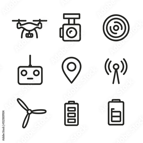Drone Icon Set. Outline icon set of drone reconnaissance infiltration: drone silhouette, camera gimbal, night vision lens, remote