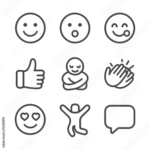 Recipient Emotions Icons. Outline icon set of recipient emotions and reactions: smiling face, surprised face, tear of joy, thumbs