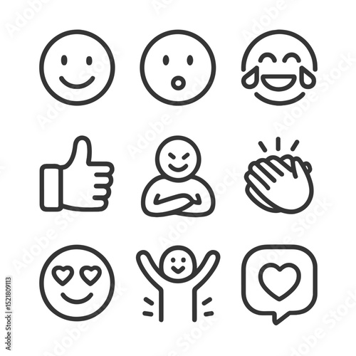 Recipient Emotions Icons. Outline icon set of recipient emotions and reactions: smiling face, surprised face, tear of joy, thumbs