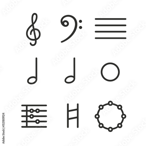 Music Theory Icons. Outline icon set of music theory education: treble clef, bass clef, staff lines, quarter note, half note,