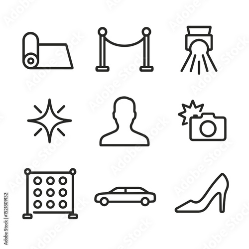 Red Carpet Icons. Outline icon set of red carpet premieres: red carpet roll, velvet rope stanchion, spotlight beam, camera flash