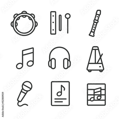 Musical Icon Collection. Outline icon set of musical discovery sessions: tambourine, xylophone bar, drumstick, recorder flute,