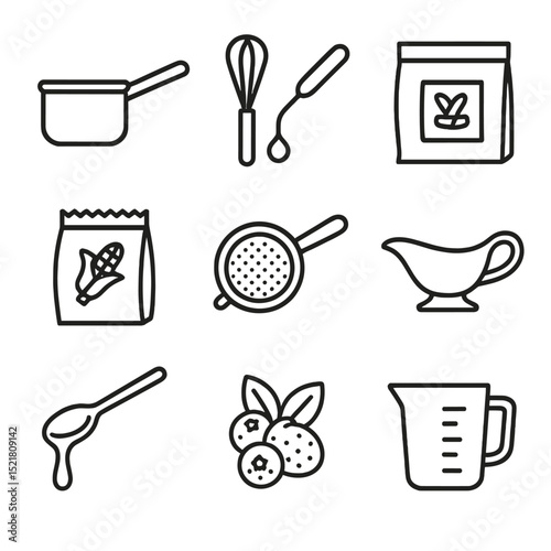 Dual Icon Collection. Outline icon set of rhubarb sauce for desserts: saucepan, whisk, sugar spoon, corn starch packet, strainer,