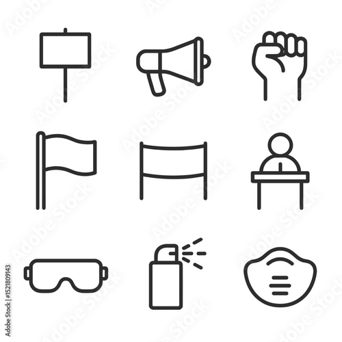 Rally Icon Set. Outline icon set of rally participants: protest sign, megaphone, solidarity fist, flag pole, banner flag, speaker