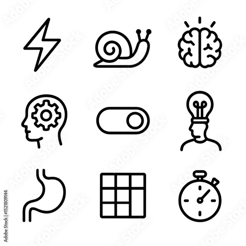 Dual Cognition Icons. Outline icon set of dual-process cognition: fast system bolt, slow system snail, intuitive brain, analytical