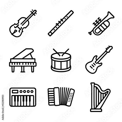 Musical Instrument Icons. Outline icon set of musical instrument families: violin, flute, trumpet, piano, drum, electric guitar,