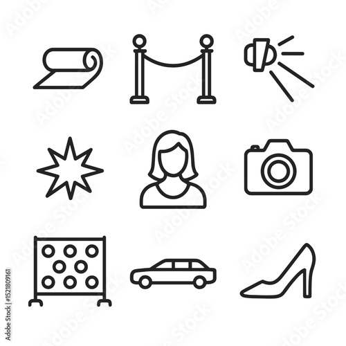 Red Carpet Icons. Outline icon set of red carpet premieres: red carpet roll, velvet rope stanchion, spotlight beam, camera flash