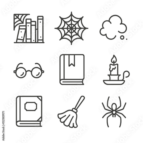 Dusty Bookshelf Icons. Outline icon set of dusty bookcase shelf: old books, cobweb, dust cloud, reading glasses, bookmark,