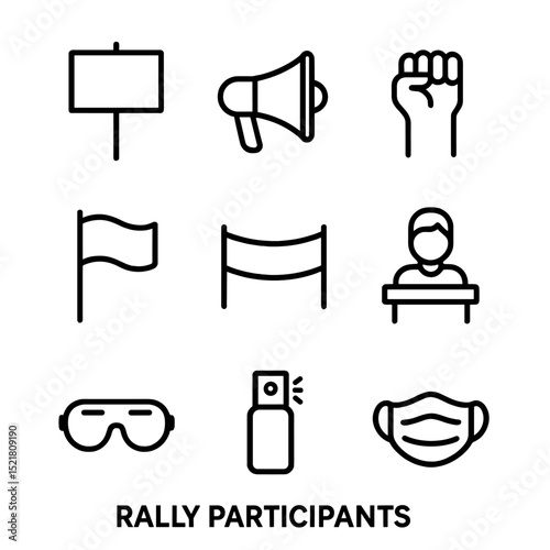 Rally Icon Set. Outline icon set of rally participants: protest sign, megaphone, solidarity fist, flag pole, banner flag, speaker