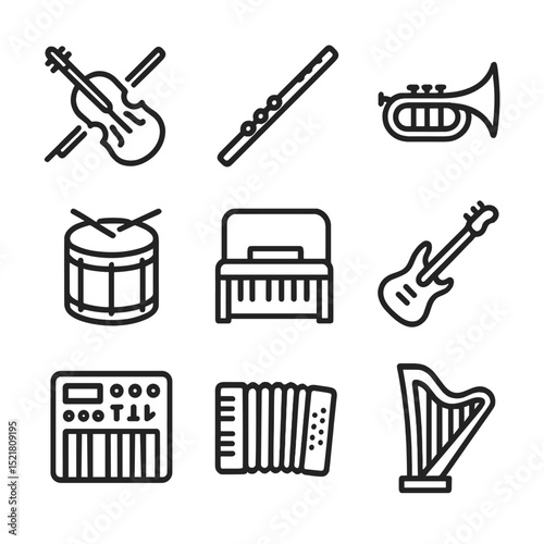 Musical Instrument Icons. Outline icon set of musical instrument families: violin, flute, trumpet, piano, drum, electric guitar,