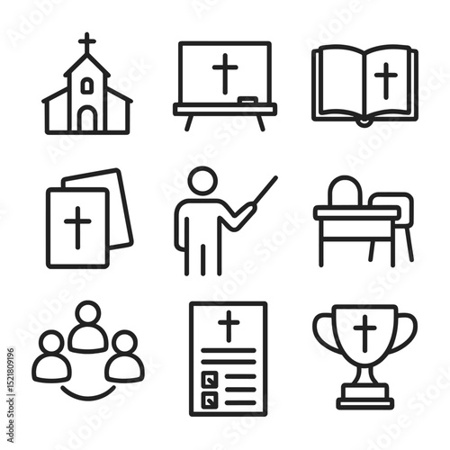 Religious Education Icons. Outline icon set of religious education activities: Sunday school, chalkboard, study book, flashcards,