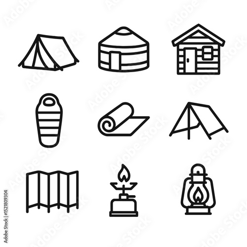 Remote Shelter Icons. Outline icon set of remote shelter setups: expedition tent, yurt, insulated cabin, sleeping bag, foam mat,