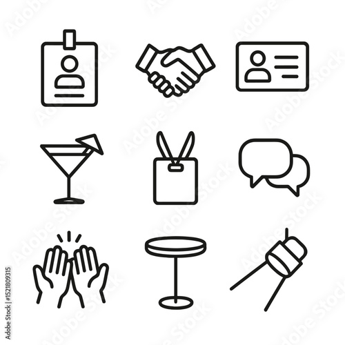 Networking Event Icons. Outline icon set of networking events: name badge, handshake, business card, cocktail glass, badge lanyard