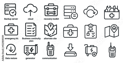 Business continuity and emergency toolkit icons for data recovery and backup solutions