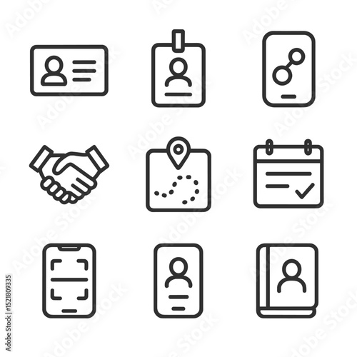 Networking Tools Icons. Outline icon set of networking tools: business card, name badge, networking app icon, handshake, session