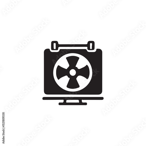Vector Icon of a Computer Display Showing Radioactive Symbol.A simple, black and white vector graphic of a computer monitor displaying a radioactive symbol.