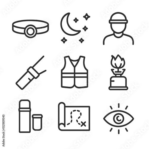 Night Canyoning Icons. Outline icon set of night canyoning expeditions: headlamp, starry sky, dark silhouette, LED beam,
