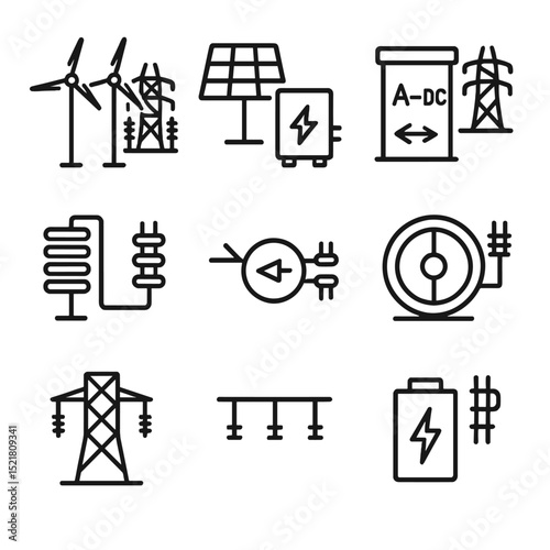 Renewable Energy Icons. Outline icon set of renewable energy HV integration: wind farm substation, solar PV inverter station, HVDC