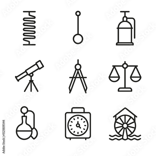 Renaissance Physics Icons. Outline icon set of Renaissance physics breakthroughs: Hooke’s law spring, pendulum, air pump,
