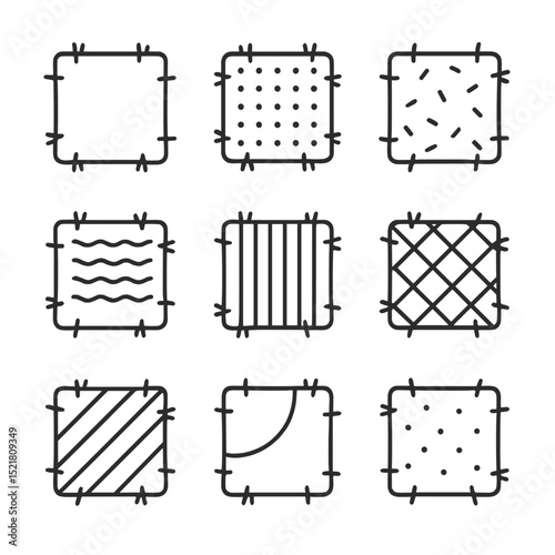 Eco Fabric Icon Grid. Outline icon set of eco-friendly recycled fabric patchwork blanket: denim square, burlap patch, canvas piece