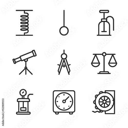 Renaissance Physics Icons. Outline icon set of Renaissance physics breakthroughs: Hooke’s law spring, pendulum, air pump,