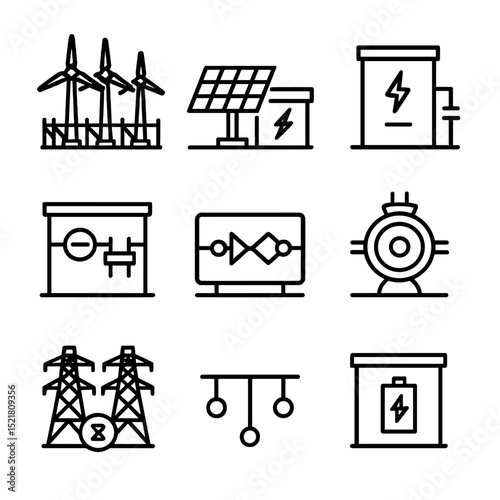 Renewable Energy Icons. Outline icon set of renewable energy HV integration: wind farm substation, solar PV inverter station, HVDC