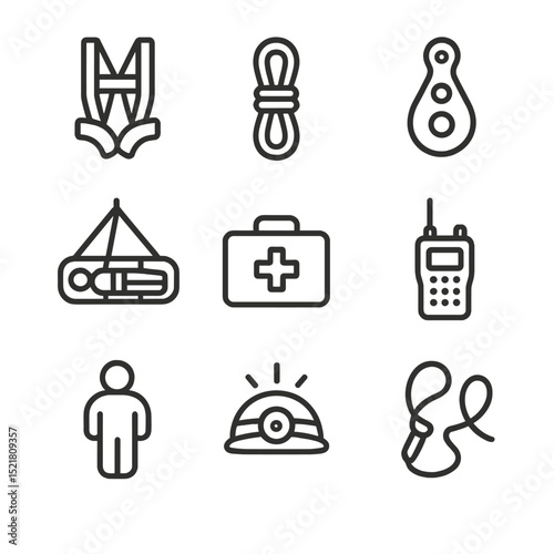 Rescue Training Icons. Outline icon set of rescue and training drills: rescue harness, hauling rope, pulley block, stretcher lift,