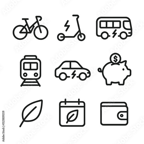 Eco Transport Icons. Outline icon set of eco-friendly transport savings: electric bike, electric scooter, electric bus, commuter
