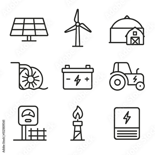 Renewable Farm Energy Icons. Outline icon set of renewable energy on farms: solar panel array, wind turbine, biogas digester,