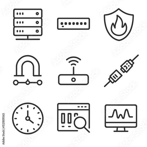 Network Tools Icons. Outline icon set of network administrator panel: server rack, network switch, firewall shield, VPN tunnel,