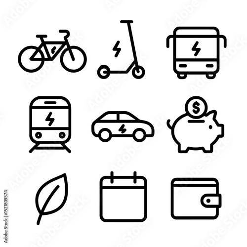 Eco Transport Icons. Outline icon set of eco-friendly transport savings: electric bike, electric scooter, electric bus, commuter