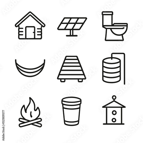 Eco-Lodge Icon Set. Outline icon set of sustainable eco-lodge stays: cabin silhouette, solar panel, compost toilet, rainwater tank
