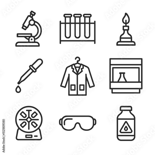 Research Lab Icons. Outline icon set of research lab station: microscope, test tube rack, Bunsen burner, pipette, lab coat hanger,