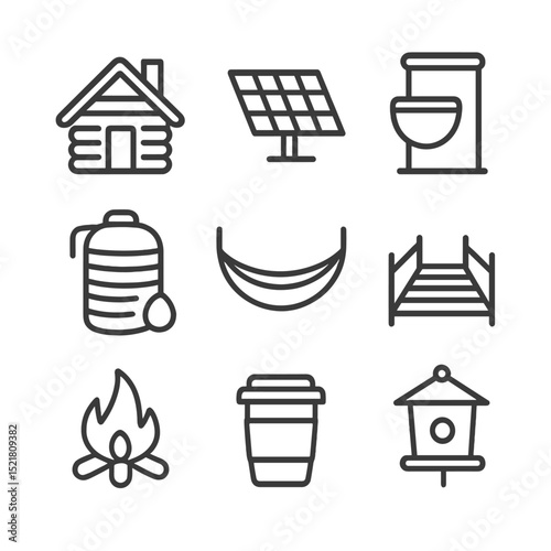Eco-Lodge Icon Set. Outline icon set of sustainable eco-lodge stays: cabin silhouette, solar panel, compost toilet, rainwater tank
