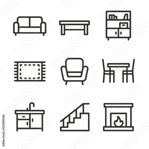 Residential Interior Icons. Outline icon set of residential interior scenes: sofa, coffee table, bookshelf, rug, armchair, dining