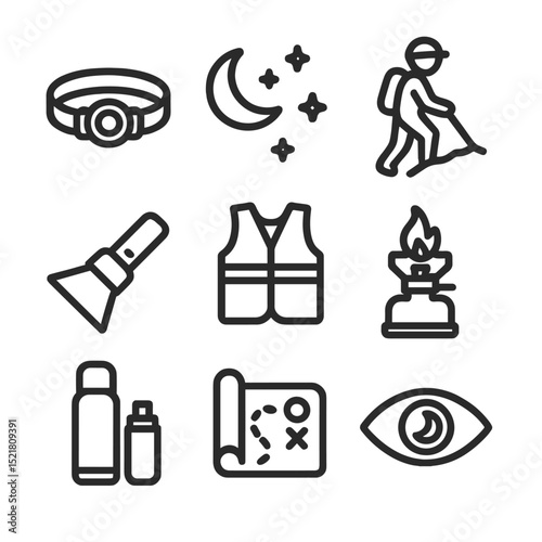 Night Canyoning Icons. Outline icon set of night canyoning expeditions: headlamp, starry sky, dark silhouette, LED beam,