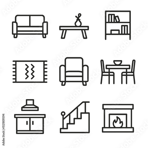 Residential Interior Icons. Outline icon set of residential interior scenes: sofa, coffee table, bookshelf, rug, armchair, dining