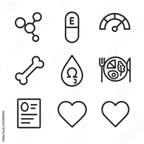 Egg Nutrition Icons. Outline icon set of egg nutrition and health: protein molecule, vitamin capsule, cholesterol gauge, calorie