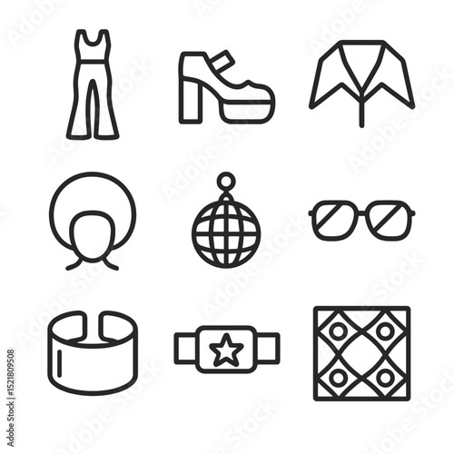 Retro Disco Icon Set. Outline icon set of retro disco revival: bell-bottom jumpsuit, platform shoe, oversized collar, afro