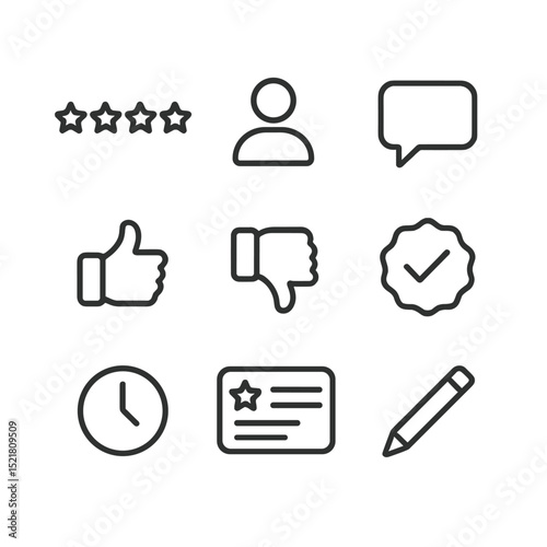 Review Icon Set. Outline icon set of community-generated reviews: star rating, user avatar, comment bubble, thumbs up, thumbs down